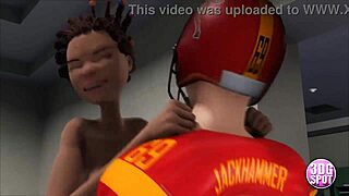 3D cartoon of hardcore locker room action with titty fuck