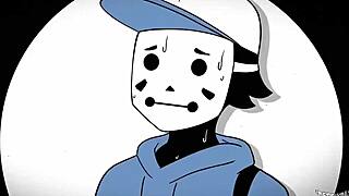 Two girls in hardcore scene with a mime in cartoon porn