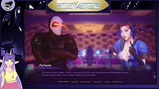 Muscular men and big boob women in orgastic bliss in a game-like setting
