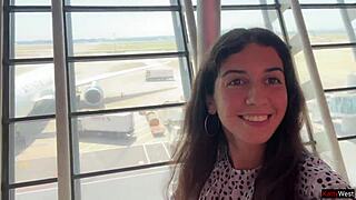 Slutty brunette gets cum covered in public airport toilet