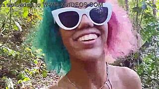 A hot and hairy Latina woman shows off her body while walking and jogging in a thong
