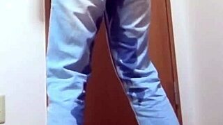 A girl accidentally urinates in her jeans while her brother is in the bathroom