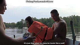 Three men and a woman in a boat and an additional woman they met on the way