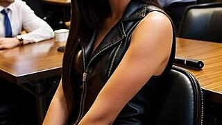 Bored business bitch returns for steamy AI leather action