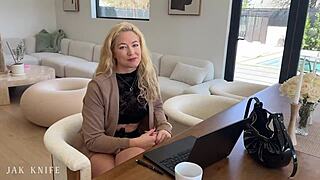Office slut indulges in solo play, gets fucked hard