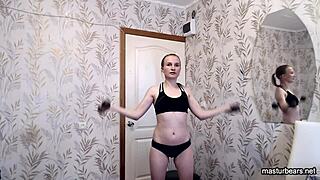 Blonde gymnast fingers herself hard in lingerie after intense workout