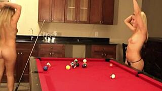 cute baby lesbian flaunts natural tits while playing billiard with dildo
