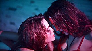 Alex Angel heats up the bathroom with erotic lesbian dance and steamy group action.