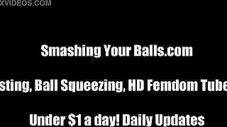 Busty babe kicks ball and teases her femdom