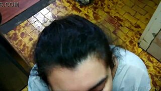 This couple starts with a casual blowjob that ends in a messy facial cumshot on his tie