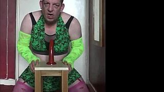Gay crossdresser's shy solo play with dildo