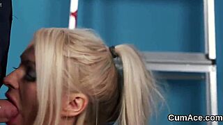 Frisky peach gets cum shot on her face sucking all the cum