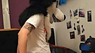 Husky femboy furry orgasms during cowgirl sex with partner