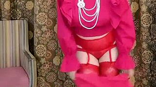 Mature beauty Mariaold in seductive red lingerie and footwear