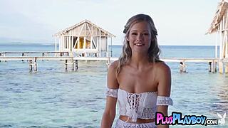 Stunning blonde cougar Olivia Preston's seductive solo beach performance