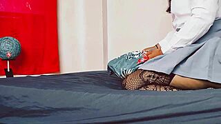 Aroused young woman with a large buttocks engages in sexual activity with her educator, resulting in a rapid ejaculation within her
