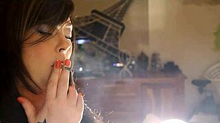 Chubby Mistress Tina smokes a cork cigarette with nose exhales
