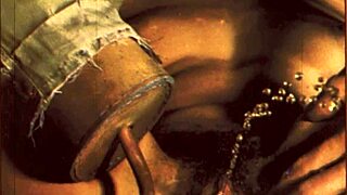 A weird threesome with a hairy and masked couple in an old movie.