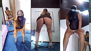 Cross dressing BBW in transparent dress and crystal panties gets wild