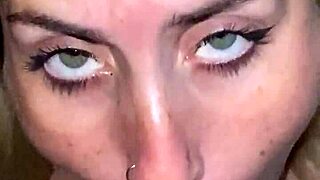 Green eyes shine while I perform a deepthroat blowjob with saliva