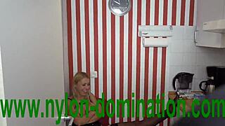 Nylon-clad mistress trains her housewife in BDSM