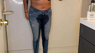 Wet and messy shower time with pee pants and jeans