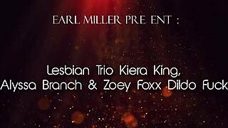 Lesbian trio Kiera King, Alyssa Branch, and Zoey Foxx engage in dildo fucking