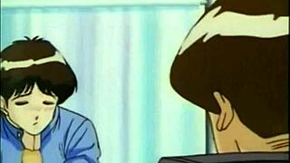 In this anime, a strapon threesome leads to intense fucking and cumshots