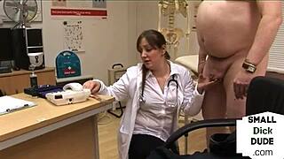 Femdom nurse trio gives a handjob to a small cock amateur