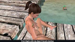 animated 3d cartoon girl masturbates with banana on beach.