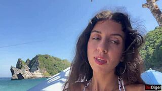 Brunette gets a messy facial on the beach