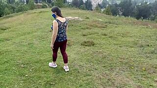 Amateur exhibition in forest with stepson, juicy Mommy